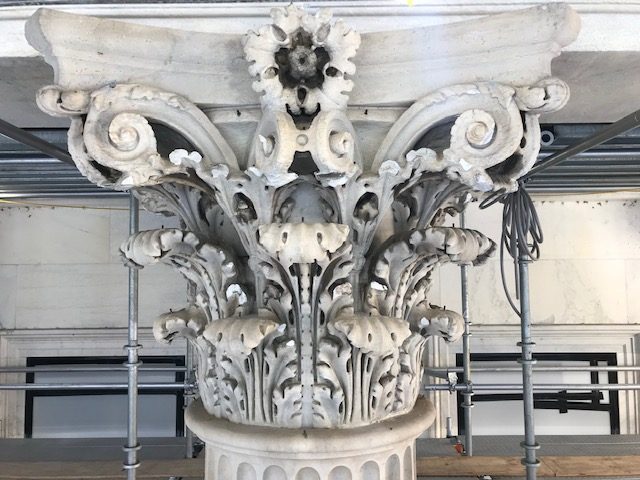 Marble pilaster before laser cleaning and stone consolidation at the U.S. Capitol South Extension.
