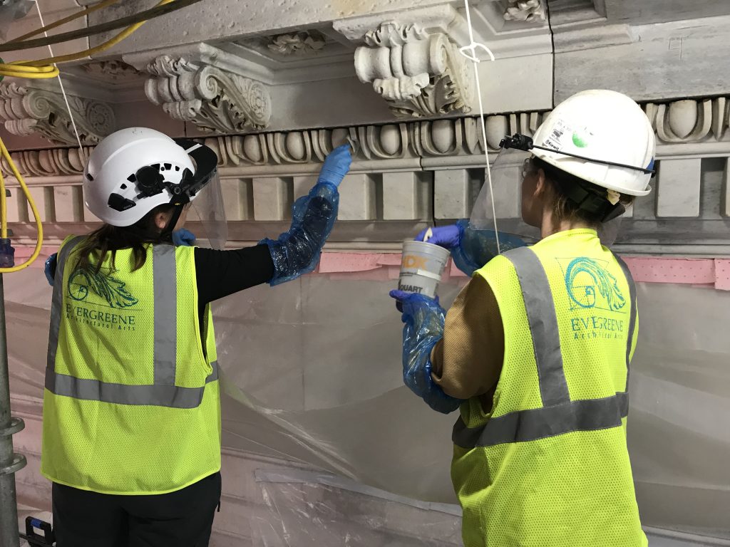 Marble cornice during laser cleaning and stone consolidation at the U.S. Capitol South Extension.