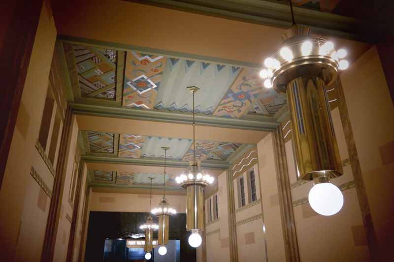 Ornamental plaster ceiling of the west corridor in the old Omaha Union Station after restoration