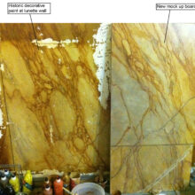 Decorative paint mock-up sample board at plaster lunette wall - West