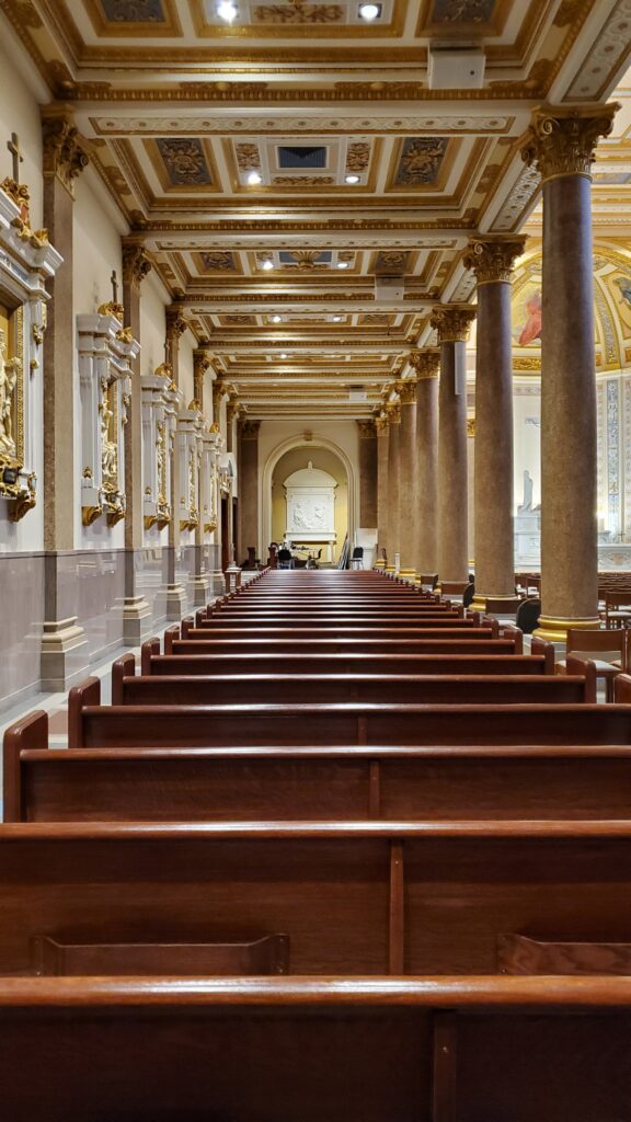 View down the aisle to the annunciation chapel