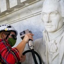 EverGreene conservator during laser cleaning at the Jefferson memorial.