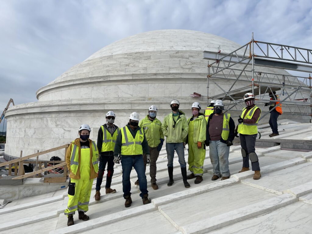 EverGreene conservators on the Jefferson memorial dome prior to laser cleaning.