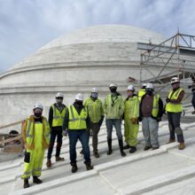 EverGreene conservators on the Jefferson memorial dome prior to laser cleaning.